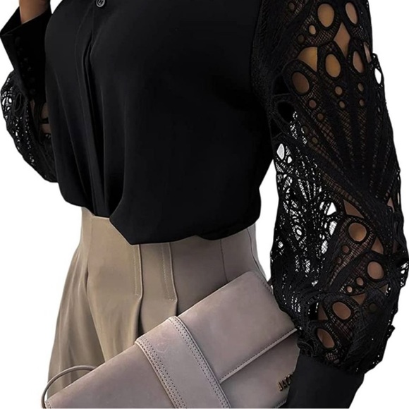 Black Elegant Hollow Out Solid Color Blouse Collar Long Sleeve - Picture 2 of 8